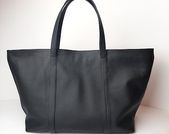 Large Leather Shopper/ Soft weekender Tote with short carrying handles / fit laptop 17''