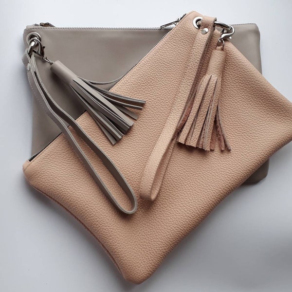 Large Leather Clutch with Tassel: Beige or Gray Purse