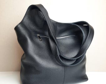 Soft Black classic Leather Tote Bag / Zipper Pockets, Fits 14'' Laptop