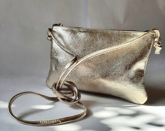 Gold Leather Crossbody Bag: Mini Clutch Purse