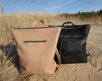 Handmade Beige Leather Backpack: Large Lined College Laptop Bag