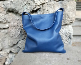 Genuine leather one strap shoulder bag, flat big tote bag, hobo work bag, soft leather studie bag.