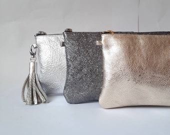 Metallic Leather Clutch: Tasseled Cosmetic Bag