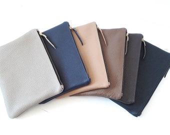 Lined Leather Clutch: Metallic Zipper Cosmetic Bag