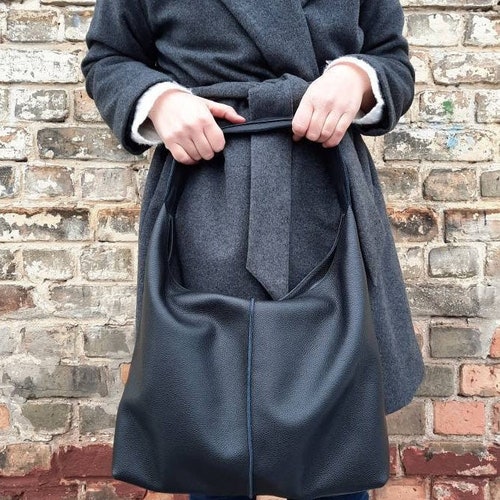 Black Leather Hobo Tote Bag: Large Slouchy Work Bag