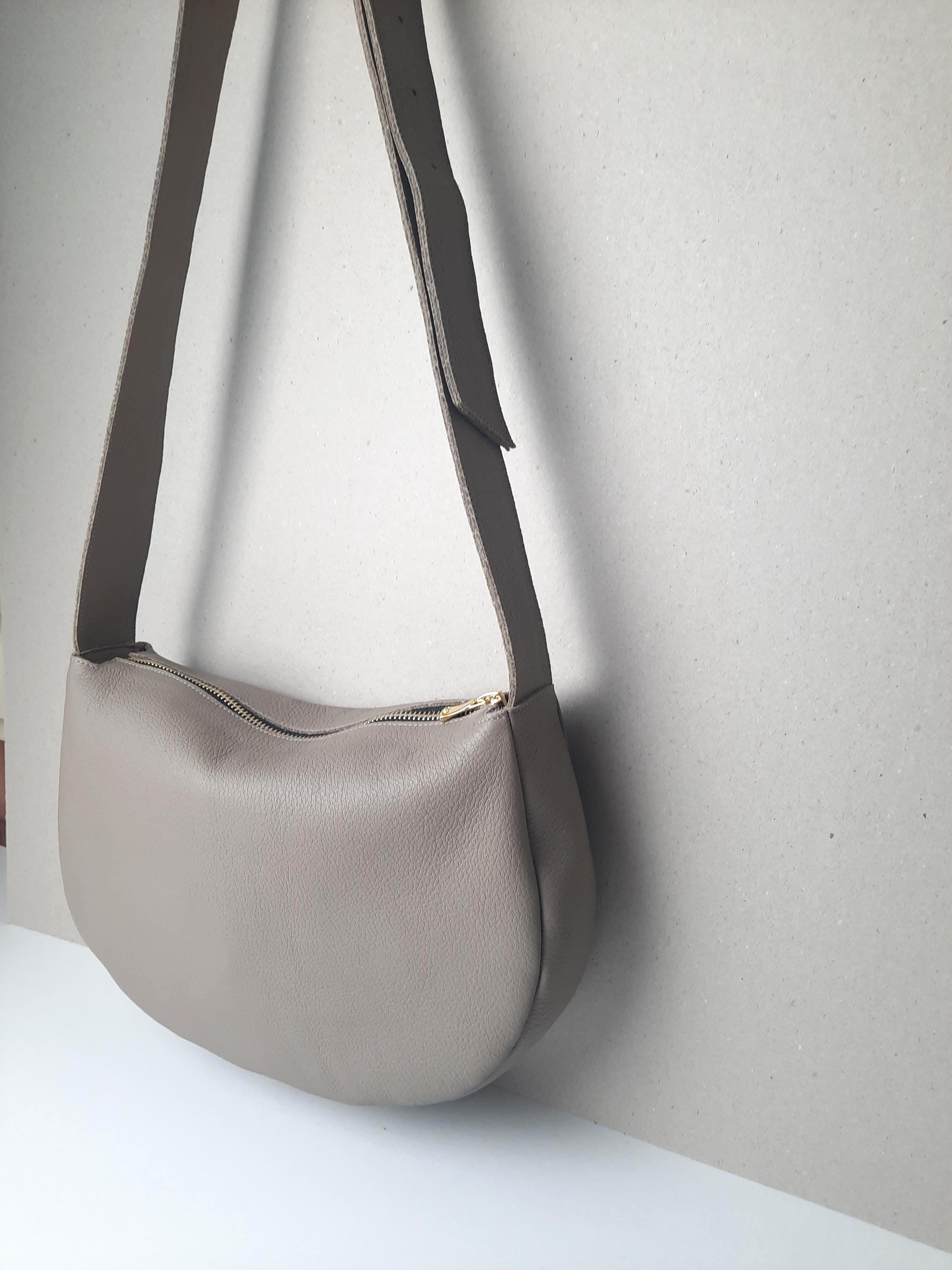 Taupe Leather Half Moon Crossbody Bag: Adjustable Wide Strap