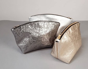 Leather cosmetic bag, genuine leather pouch, gold Make up bag, Lined Toiletry Bag for Women, silver leather