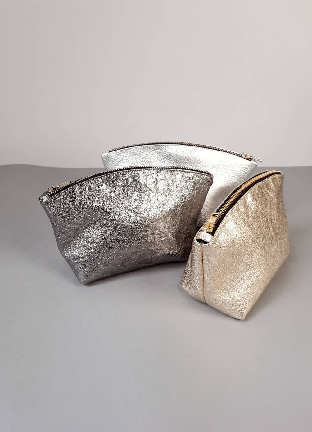 Leather cosmetic bag, genuine leather pouch, gold Make up bag, Lined Toiletry Bag for Women, silver leather