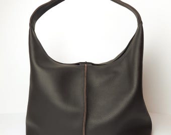 dark Brown Leather Hobo Bag / Slouchy lined Shoulder Tote with Pockets