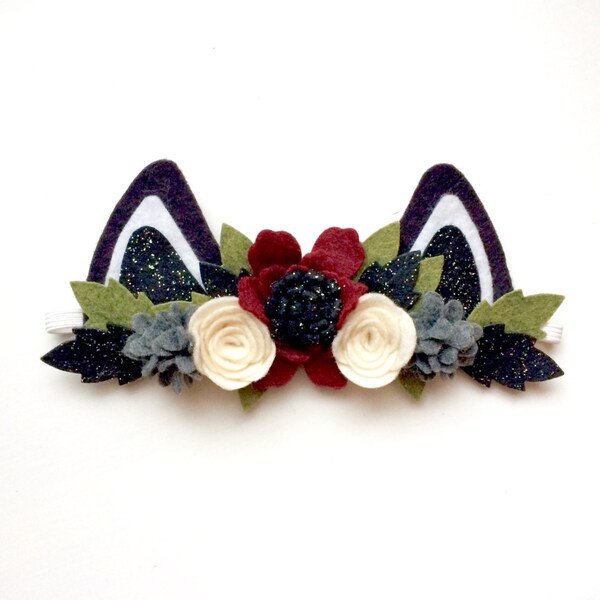 Mini Felt Cat Kitten Ear headband - Ruby red, ivory and smoke gray flowers - black glitter and green leaves