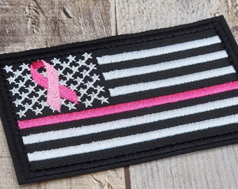 Pink Ribbon Flag Patch Ver.2, Custom Embroidered Iron-on/Sew-on or Hook & Loop Badge, Breast Cancer Awareness Emblem, Thin Line