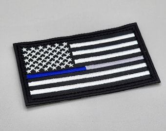 Thin Blue - Silver Dual Line Flag Patch, First Responders Flag Patch, Embroidered Iron-on/Hook and Loop Badge, Police, Corrections