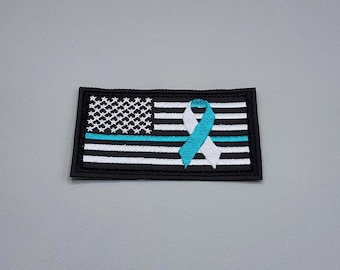 Cervical Cancer Ribbon Flag Patch • Thin Teal and White Line Patch • Cancer Awareness Patch • Iron-on/Sew-on or Hook & Loop Morale Patch
