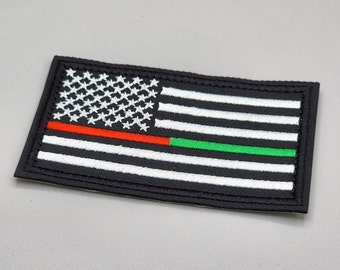 Thin Red - Green Dual Line Flag Patch, First Responders Flag Patch, Embroidered Iron-on/Hook & Loop Badge, Fire, Military