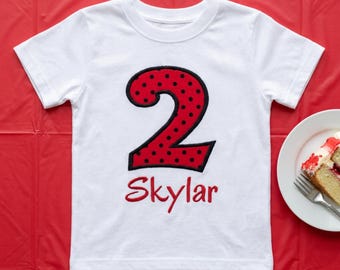 Polka Dot Embroidered Birthday Shirt, Personalized Lady Bug Birthday Shirt
