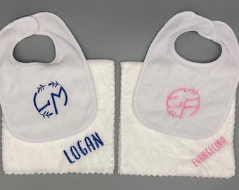 Monogram Bib & Burp Cloth Set, Personalized Boy or Girl Burp Cloth and Bib
