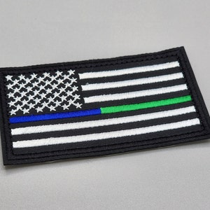 Thin Blue - Green Dual Line Flag Patch, First Responders Flag Patch, Embroidered Iron-on/Hook and Loop Badge, Police, Military