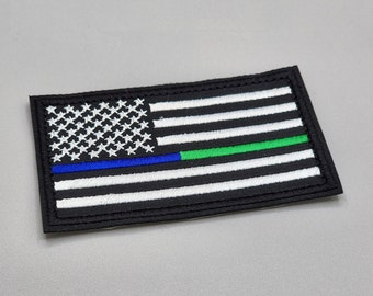 Thin Blue - Green Dual Line Flag Patch, First Responders Flag Patch, Embroidered Iron-on/Hook and Loop Badge, Police, Military