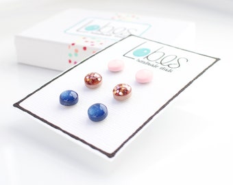 Stud Earring Pack, Clay Stud Earrings, Pink Stud Earrings, Rose Gold Studs, Navy Stud Earrings, Surgical Steel Posts, Gift for Her