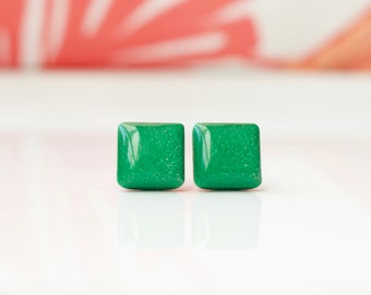 Green Stud Earrings. EMERALD SHIMMER Square Studs. Hypoallergenic, Surgical Steel Posts, minimalist earrings