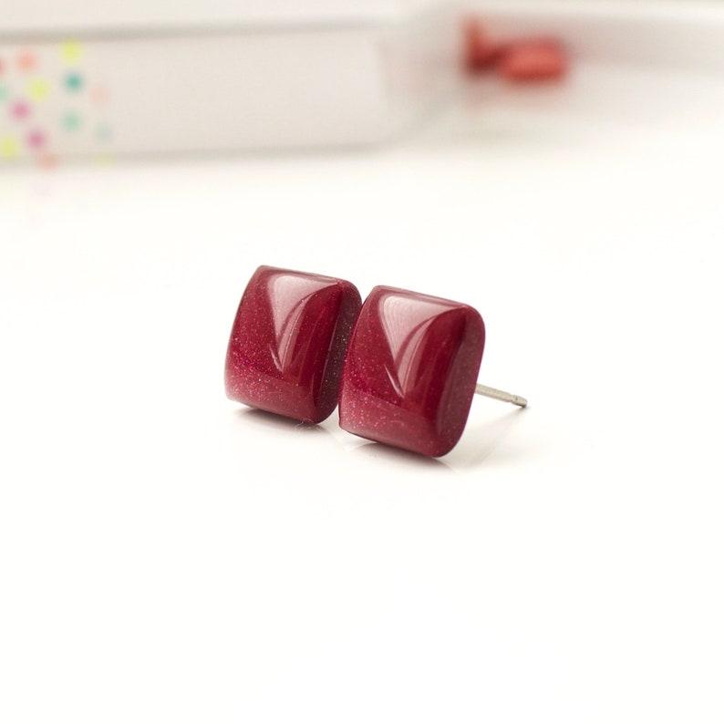 Burgundy Stud Earrings. BURGUNDY SHIMMER SQUARE Studs. Square | Etsy