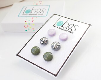 Stud Earring Pack, Clay Stud Earrings, Lilac Studs, Silver Glitter Studs, Green Studs, Surgical Steel Posts, Clay Earrings, Gift for Her