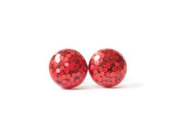 Red Glitter Stud Earrings, Surgical Steel Posts, Hypoallergenic, Gifts for Her
