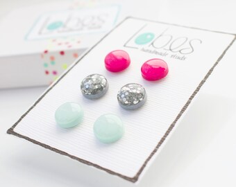 Stud Earring Pack, Clay Stud Earrings, Fuchsia Studs, Silver Glitter Studs, Mint Studs, Surgical Steel Posts, Clay Earrings, Gift for Her