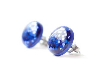Blue Glitter Stud Earrings, Surgical Steel Posts, Hypoallergenic