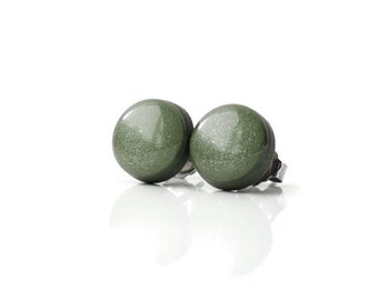 Olive Green Shimmer Stud Earrings, Hypoallergenic Surgical Steel