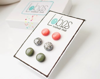 Stud Earring Pack, Clay Stud Earrings, Coral Studs, Silver Glitter Studs, Green Studs, Surgical Steel Posts, Clay Earrings, Gift for Her