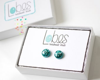 Aqua Glitter Stud Earrings, MERMAID GLITTER STUDS,  Hypoallergenic, Surgical Steel Posts, Gifts For Her, Clay Earrings