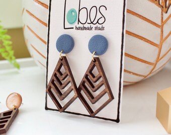 Clay & Wood Dangle Earrings, Stainless Steel Posts, Gifts for Her, Statement Earrings, Boho Earrings