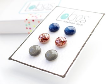Stud Earring Pack, Clay Stud Earrings, Navy Studs, Rose Gold Glitter Studs, Grey Studs, Surgical Steel Posts, Clay Earrings, Gift for Her