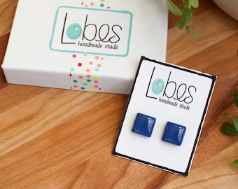 Blue Stud Earrings, Navy Square Studs, Hypoallergenic,  Surgical Steel Posts.