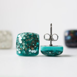 Aqua Glitter Studs. Square MERMAID GLITTER STUDS. Surgical Steel Posts. Hypoallergenic. image 2