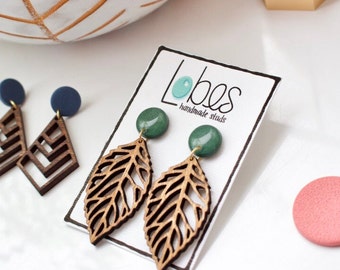 Clay & Wood Dangle Earrings, Stainless Steel Posts, Gifts for Her, Statement Earrings, Boho Earrings