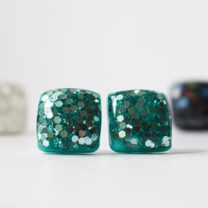 Aqua Glitter Studs. Square MERMAID GLITTER STUDS. Surgical Steel Posts. Hypoallergenic. image 3