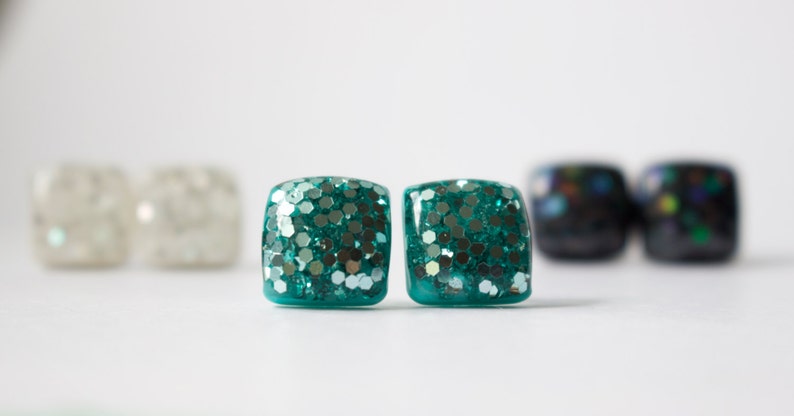 Aqua Glitter Studs. Square MERMAID GLITTER STUDS. Surgical Steel Posts. Hypoallergenic. image 3