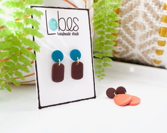 Dangle Clay Earrings, Brown Earrings, Teal Earrings, Polymer Clay, Surgical Steel Posts, Gifts for Her
