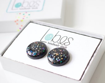 XL Black Glitter Stud Earrings. XL GALAXY Glitter Studs. Hypoallergenic, Surgical Steel Posts.