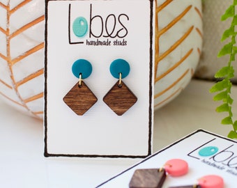 Teal & Wood Dangle Earrings, Stainless Steel Posts, Gifts for Her, Statement Earrings, Boho Earrings