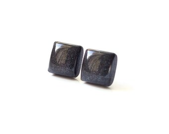 Black Stud Earrings, BLACK SHIMMER Square Studs, Hypoallergenic, Surgical Steel Posts, Minimalist Earrings