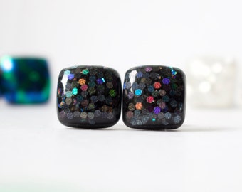 Black Glitter Stud Earrings. GALAXY GLITTER STUDS. Hypoallergenic, Surgical Steel Posts.