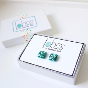 Aqua Glitter Studs. Square MERMAID GLITTER STUDS. Surgical Steel Posts. Hypoallergenic. image 1