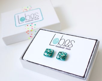 Aqua Glitter Studs. Square MERMAID GLITTER STUDS. Surgical Steel Posts. Hypoallergenic.