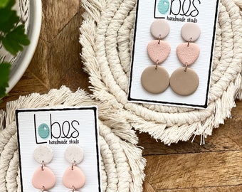 Dangle Clay Earrings, Pink Earrings, Beige Earrings, Surgical Steel Posts, Statement Earrings, Gifts for Her, Boho Earrings