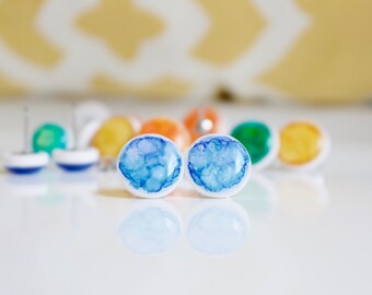 Polymer Clay Earrings. LARGE BLUE Stud Earrings. Hand-Painted Stud Earrings. Alcohol Ink Stud Earrings. Surgical Steel Posts.