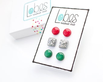 Stud Earring Pack, Clay Stud Earrings, Red Studs, Silver Glitter Studs, Green Studs, Surgical Steel Posts, Gift for Her