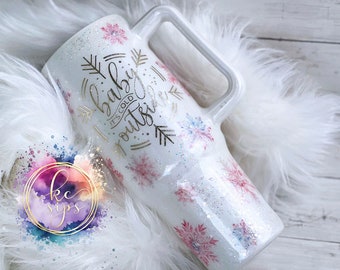 Pink Snowflake 40 oz Travel Glitter Mug | Glitter Tumbler | Personalized Tumbler | Glitter Tumbler Personalized | Custom Tumbler Cups